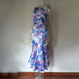 Summer Multicolor Printed Slash Shoulder Fishtail Strap Dress