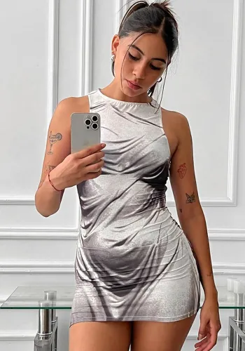 Fashion Women's Round Neck Sleeveless Slim Bodycon Print Dress