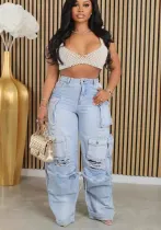 Women Ripped Casual Cargo Denim Pants