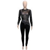 Women Sexy Mesh See-Through Beaded Long Sleeve Jumpsuit