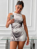 Fashion Women's Round Neck Sleeveless Slim Bodycon Print Dress