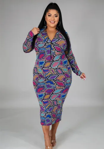 Plus Size Women V-neck Printed Long Sleeve Dress