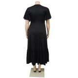 Plus Size Women V-Neck Ruffle Sleeve Pleated Casual Dress