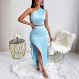 Women Summer Sexy Solid One-Shoulder Top and Ruffled Skirt Two-piece Set