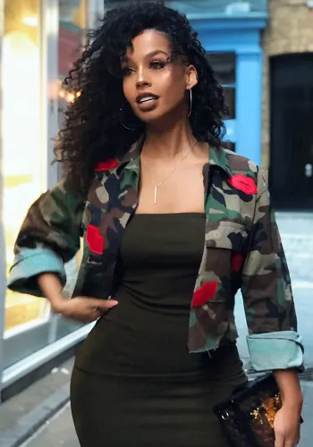 Women Lip Embellished Camouflage Shirt Collar Jacket