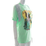 Women Summer Printed V-Neck Slit Tassel Loose T-Shirt