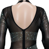 Women Sexy Mesh See-Through Beaded Long Sleeve Jumpsuit