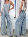 Women Spring Vintage Washed Raw Edge Wide Legs Loose Overalls