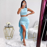 Women Summer Sexy Solid One-Shoulder Top and Ruffled Skirt Two-piece Set