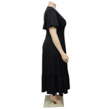 Plus Size Women V-Neck Ruffle Sleeve Pleated Casual Dress