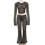 Style Street Sexy Ripped See-Through Crop Top High Waist Pants Two Piece Set