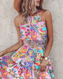 Printed Lace-Up Halter Neck Casual Dress
