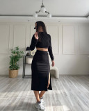 Spring And Autumn Solid Color Ribbed Round Neck Long-Sleeved Women's Two-Piece Fashionable Slit Maxi Skirt Set