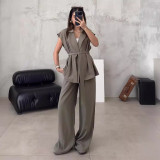 Fashion Casual Suit Sleeveless Oversize Belted Coat High Waist Pants Two Piece Set