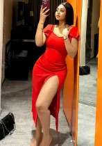 Women's Fashion Sexy Ruffle Sleeve High Slit Women's Slim Dress