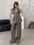 Fashion Casual Suit Sleeveless Oversize Belted Coat High Waist Pants Two Piece Set