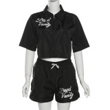 Spring Fashion Turndown Collar Zipper Letter Embroidered Shirt High Waist Slim Fit Lace Up Shorts Two Piece Set