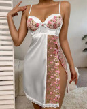 Solid Color Embroidered Mesh Patchwork Side-Slit Nightgown