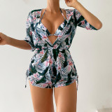 Leaf Print Bikini Fashion Long Sleeve SLim Waist Beach Sunproof Jumpsuit Three-Piece Swimsuit