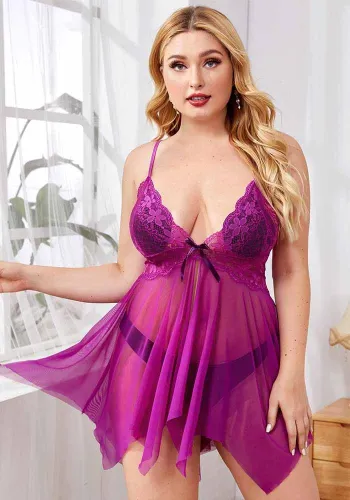 Sexy Plus Size Purple Strap See Through Lace Mesh Nightgown