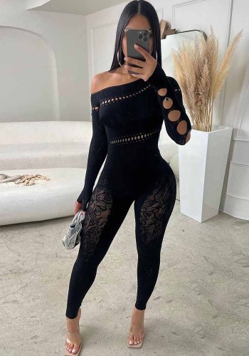 Sexy Hollow Seamless Knitting Jacquard One-Piece High Stretch Jumpsuit