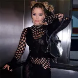 Women Hollow See-Through Long Sleeve One-piece Net Clothes Sexy Lingerie