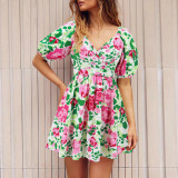 Women's Summer Printed V-Neck Lantern Sleeve Short Dress