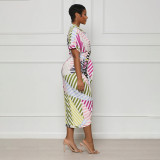 Fashionable Multi-Color Stripe Print Turndown Collar Short Sleeve Lace-Up Women's Shirt Dress