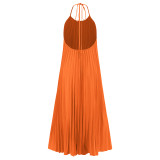 Women's Solid Color Halter Backless Loose Pleated Dress Beach Holidays Long Dress
