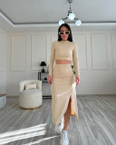 Spring And Autumn Solid Color Ribbed Round Neck Long-Sleeved Women's Two-Piece Fashionable Slit Maxi Skirt Set