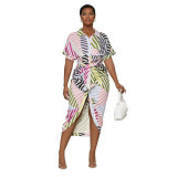 Fashionable Multi-Color Stripe Print Turndown Collar Short Sleeve Lace-Up Women's Shirt Dress