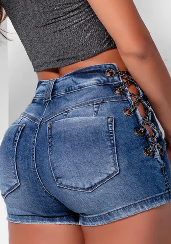Women's Side Metal Chain Lace-Up Ripped Tight Fitting Denim Shorts