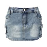 Women's Summer Retro Stretch Tight Fitting Cargo Pocket Denim Skirt