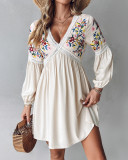 Women's Embroidered V Neck Long Sleeve Casual Dress