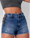 Women's Side Metal Chain Lace-Up Ripped Tight Fitting Denim Shorts