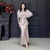 Chic Lace-Up Long Sleeve High Waist Satin Two Piece Skirt Set