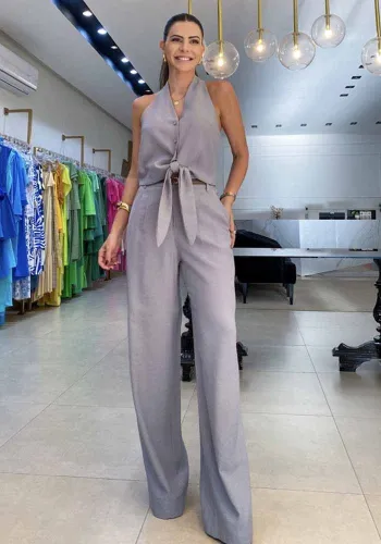 Women's Fashion Chic Sleeveless Hollow Shirt High Waisted Wide Leg Pants Two Piece Set