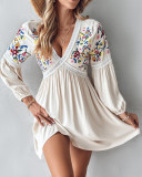 Women's Embroidered V Neck Long Sleeve Casual Dress