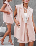 Women's Casual Loose Spring Solid Color Sleeveless Blazer And Shorts Set