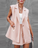 Women's Casual Loose Spring Solid Color Sleeveless Blazer And Shorts Set