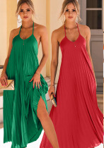 Women's Solid Color Halter Backless Loose Pleated Dress Beach Holidays Long Dress