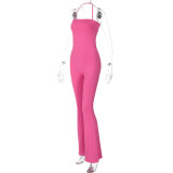 Women's Fashion Sexy Low Back Strapless Halter Neck Solid Color Jumpsuit