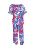 Plus Size Women Tie Dye Printed Short Sleeve Top and Pant Two Piece Set