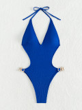 Women Sexy Deep V Backless Bikini Sapphire One-piece Swimsuit