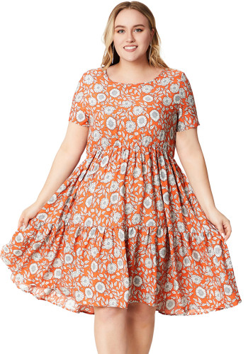 Plus Size Women Summer Round Neck Short Sleeve Printed Dress