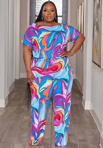 Plus Size Women Tie Dye Printed Short Sleeve Top and Pant Two Piece Set