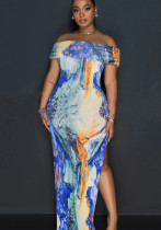 Women Multi-Color Printed Off Shoulder Sexy Slit Dress