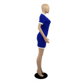 Women Zipper Turndown Collar Ribbed Short Sleeve Dress