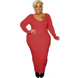 Plus Size Women Sexy Solid V-Neck Dress