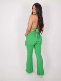 Women Sleeveless Halter Neck Sexy Backless Top and Bell Bottom Pant Two-piece Set